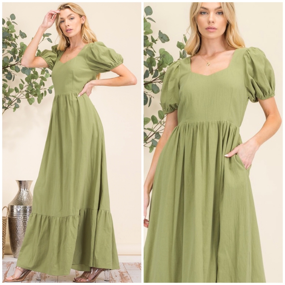 HYFVE Boho Chic Olive Green Puff Sleeves Tiered Maxi Dress - Picture 7 of 7